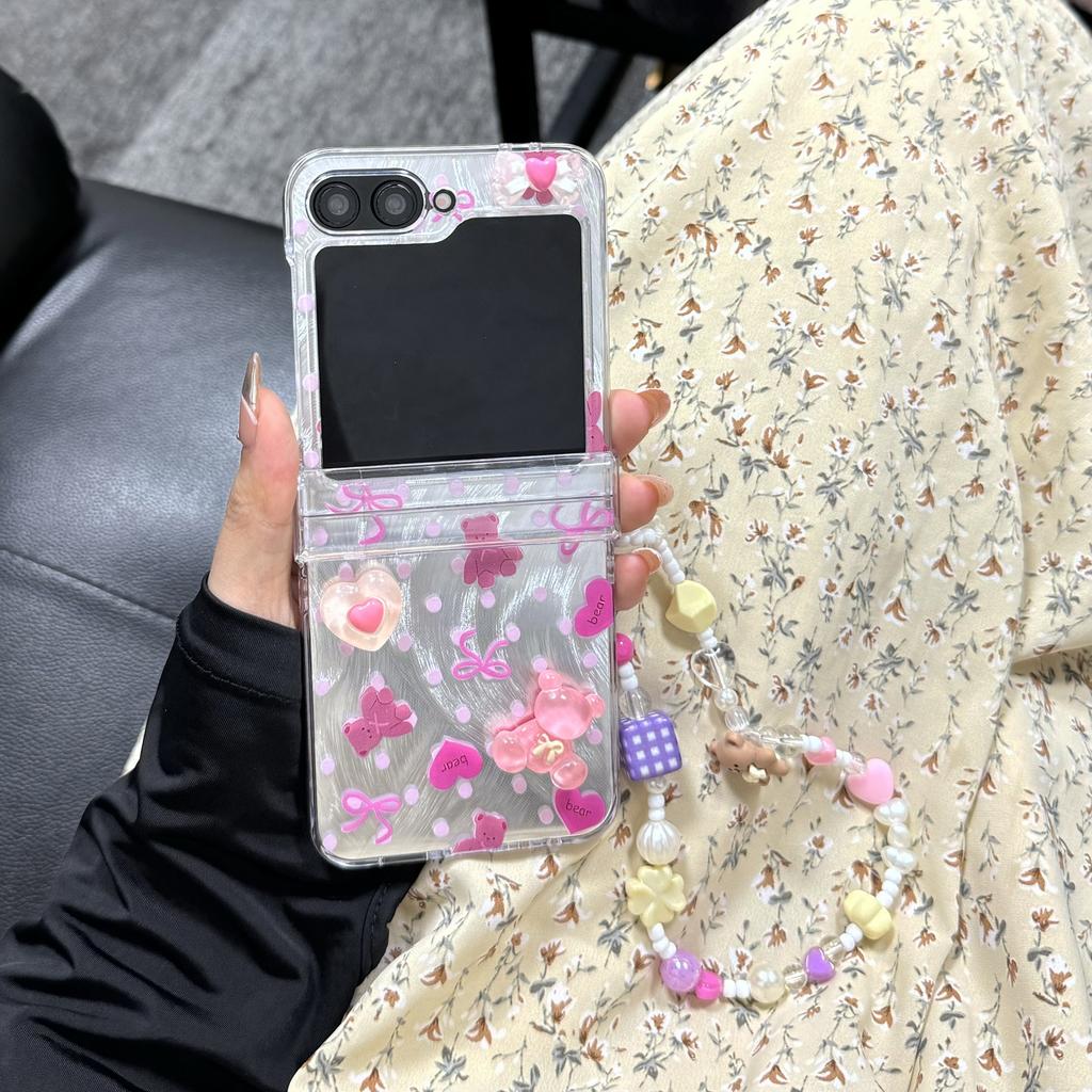 Polka Dot Love Bear Folding Phone Case with Chain Cute Girl Phone Accessories for Galaxy Z Flip 3 4 5 6
