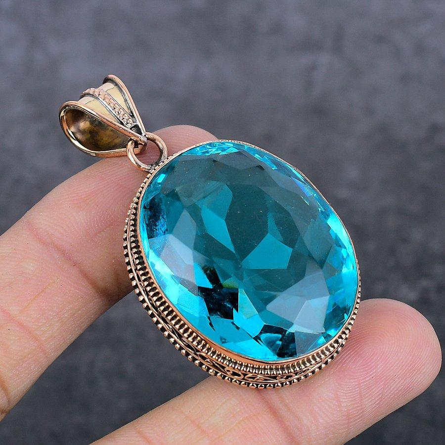 Natural Swiss Blue Topaz Gemstone Handmade Copper Jewelry Pendant 2.13" N5f28