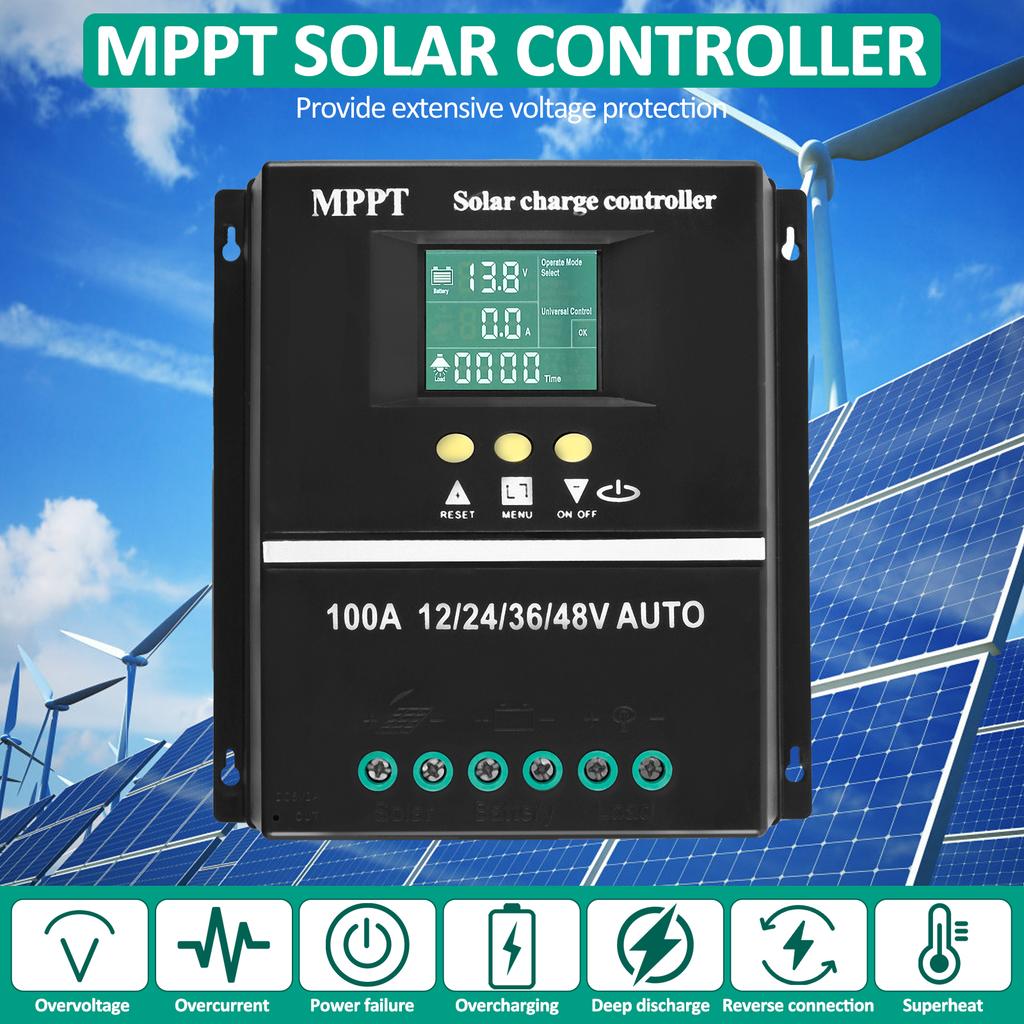 Solarladeregler 100A MPPT LCD-Anzeige Solarbatterie-Regler 12/24/36/48V mit Doppel-USB-Ladeanschluss 7 Modi