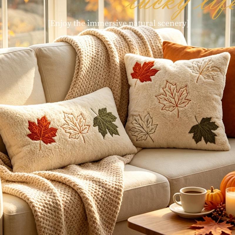 Thanksgiving Pillow Cover Maple Leaf Embroidered Plush Cushion Cover with Concealed Zippers for Indoor Decors Home