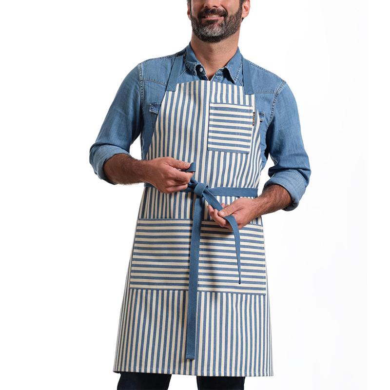 Unisex Striped Cotton Halter Neck Apron with Pockets for Cooking and Catering