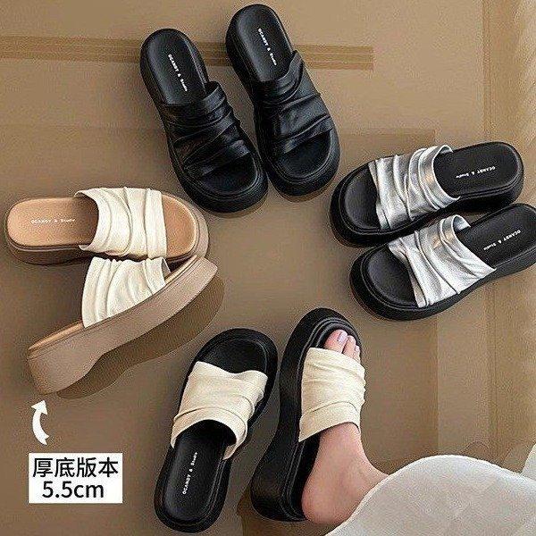 Thick-soled heightened wrinkled leather one-word slippers women's summer 2025 new outer wear soft leather soft waxy muffin bottom sandals