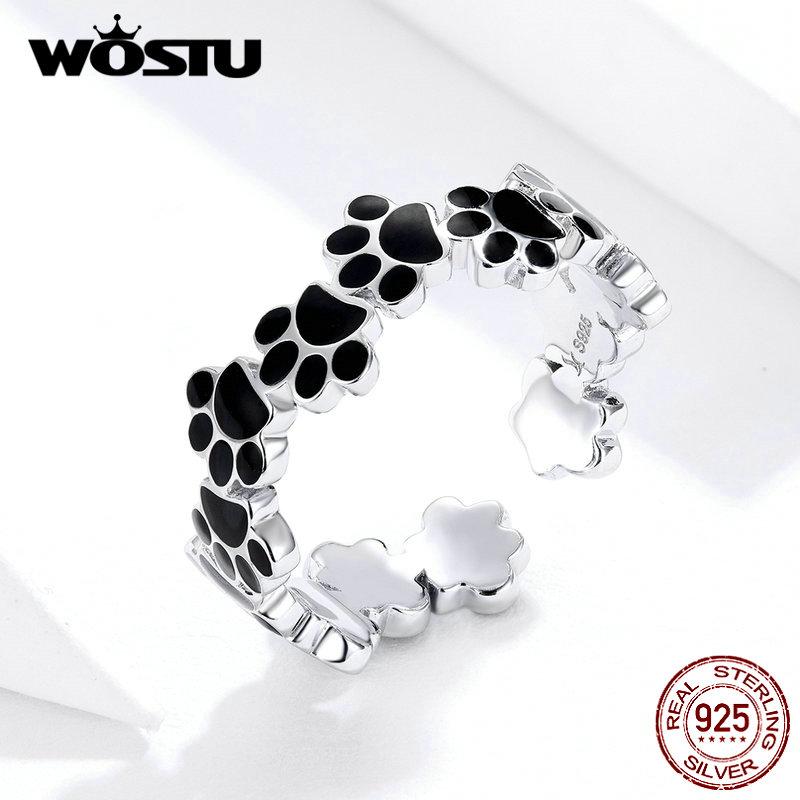 WOSTU Authentic 925 Sterling Silver Footprint Paw Dog Ring For Women Adjustable Open Balck Rings Party Fashion Jewelry CQR603