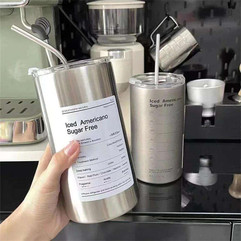 304 Stainless Coffee Cup Steel Double -layer Thermos Cooler Straw Cup Portable Reusable Ins Ice American Coffee Mug Water Bottle