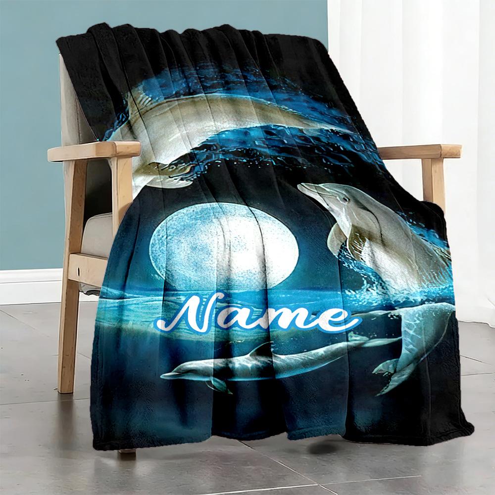 Dolphin Moon Customize Your Name Blanket Cozy Personalized Blanket Soft & Cozy for Livingroom Office Chair Picnics Couch Four Seasons Universal