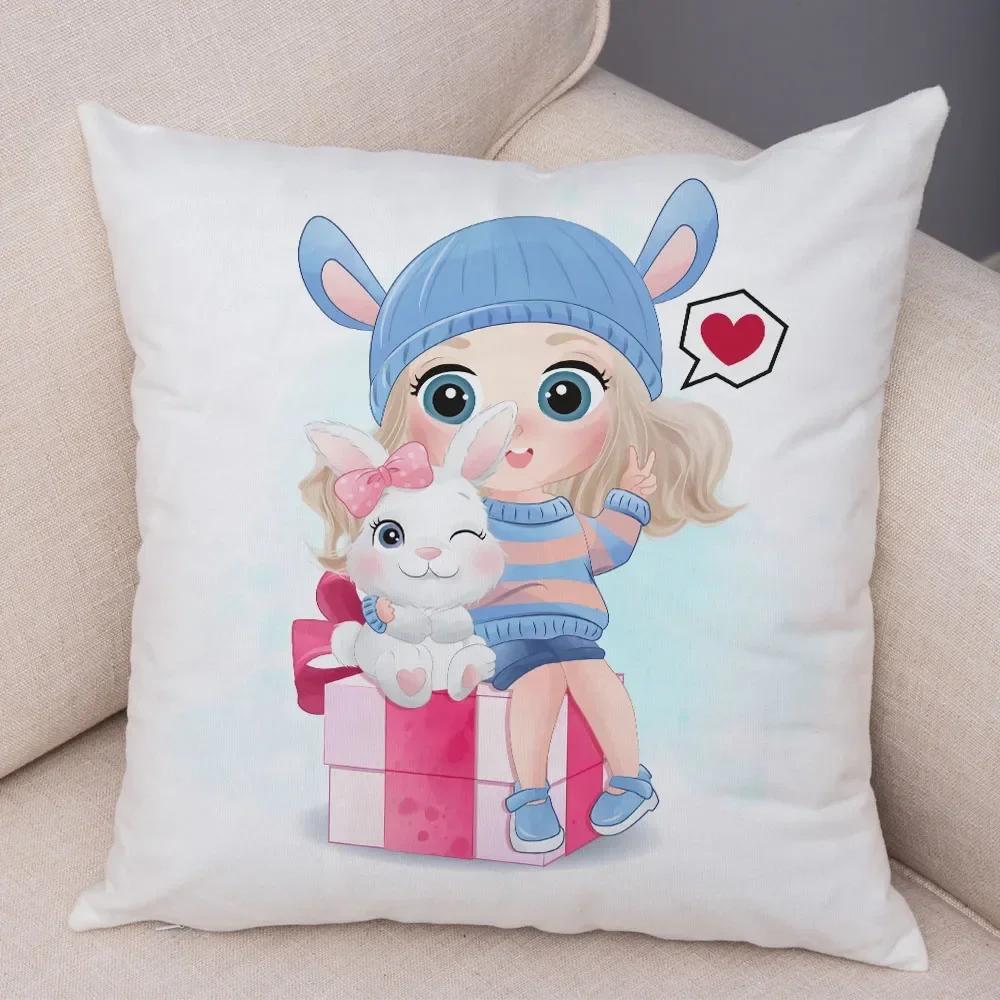 Cute Cartoon Girl and Cat Cushion Cover for Children Room Sofa Home Car Decor Lovely Child Pillow Case Plush Pillowcase 45x45cm