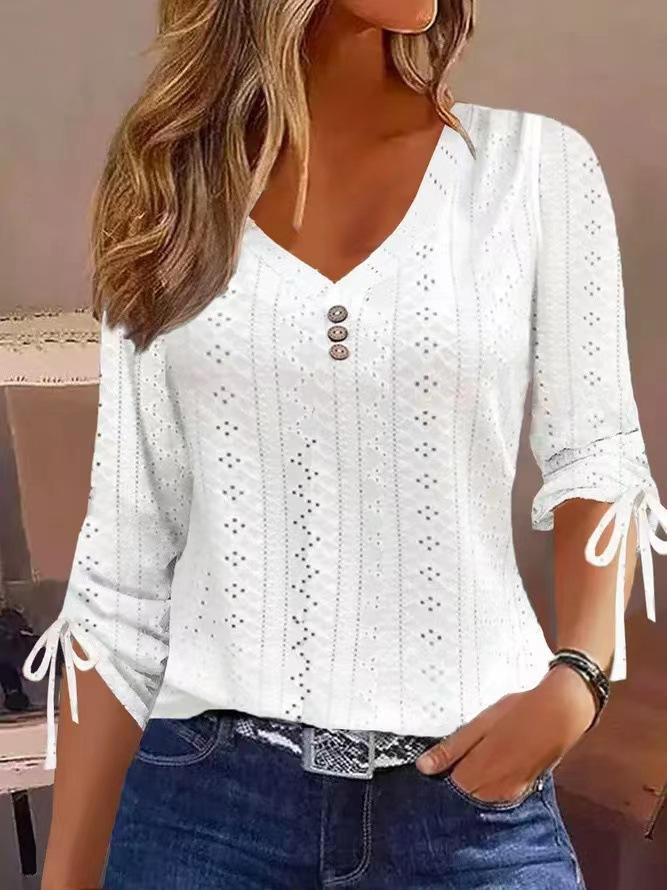 2025 autumn and winter, Europe, America, TEMU independent station cross-border new solid color jacquard button long-sleeved T-shirt top S белый