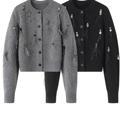 Autumn Winter Coat High-end Knitted Sweater Black Grey Knitted Cardigan Vintage Sequins Long Sleeve Women
