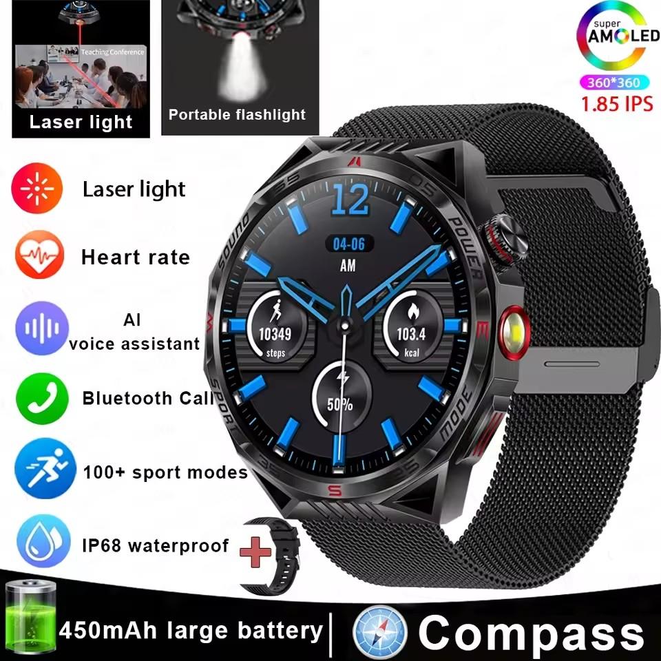 Outdoor Sport Compass Smartwatch Men Flashlight Laser Light 450mAh Battery GPS Sport Track Waterproof Bluetooth Call Smart Watch