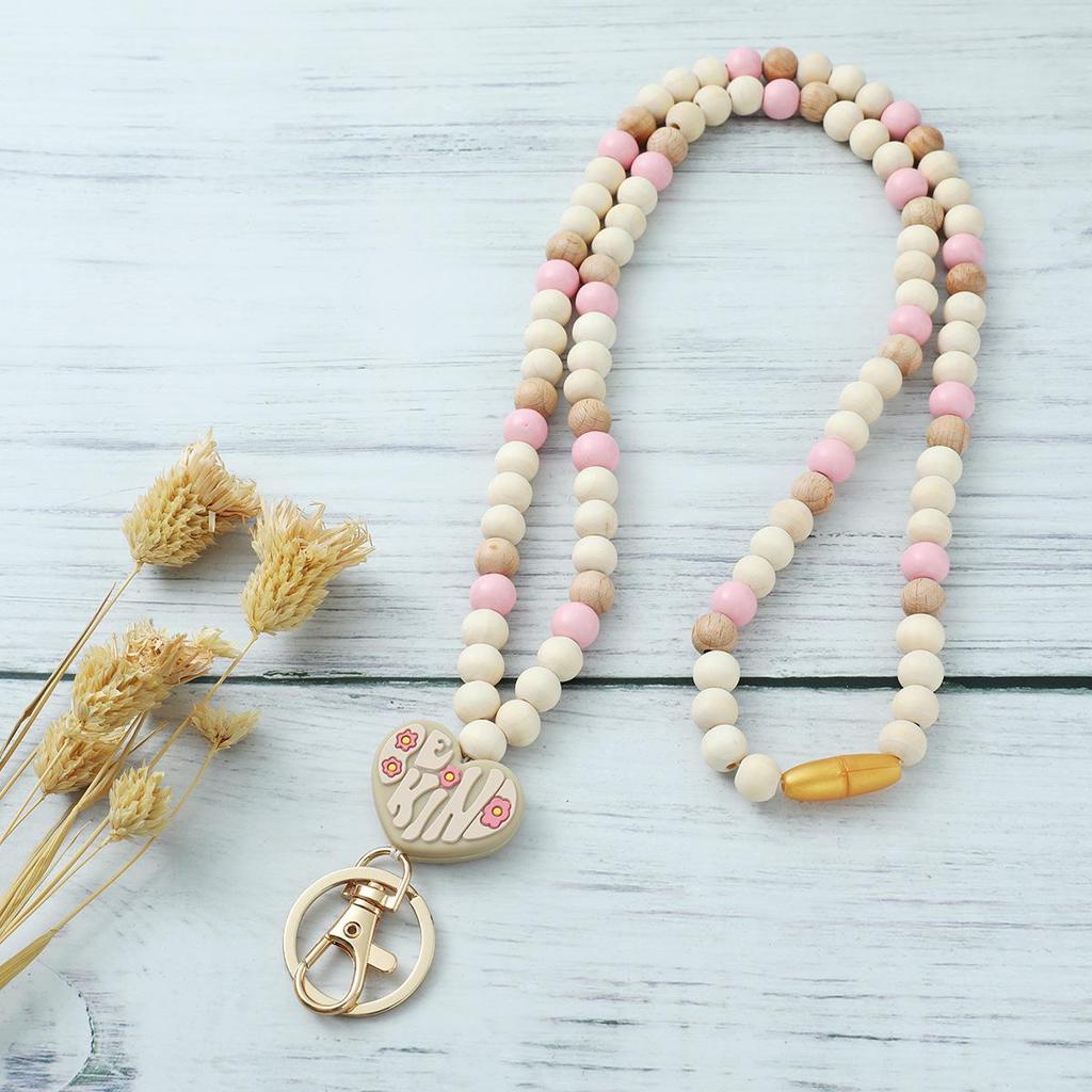 Heart Tassel Silicone & Wooden Bead Keychain Lanyard Necklace