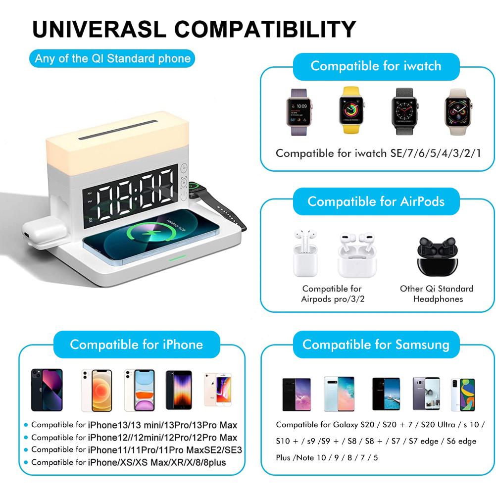 Stație de încărcare wireless 6 în 1 cu ceas deșteptător digital cu lumină de noapte LED, încărcare rapidă de 18W