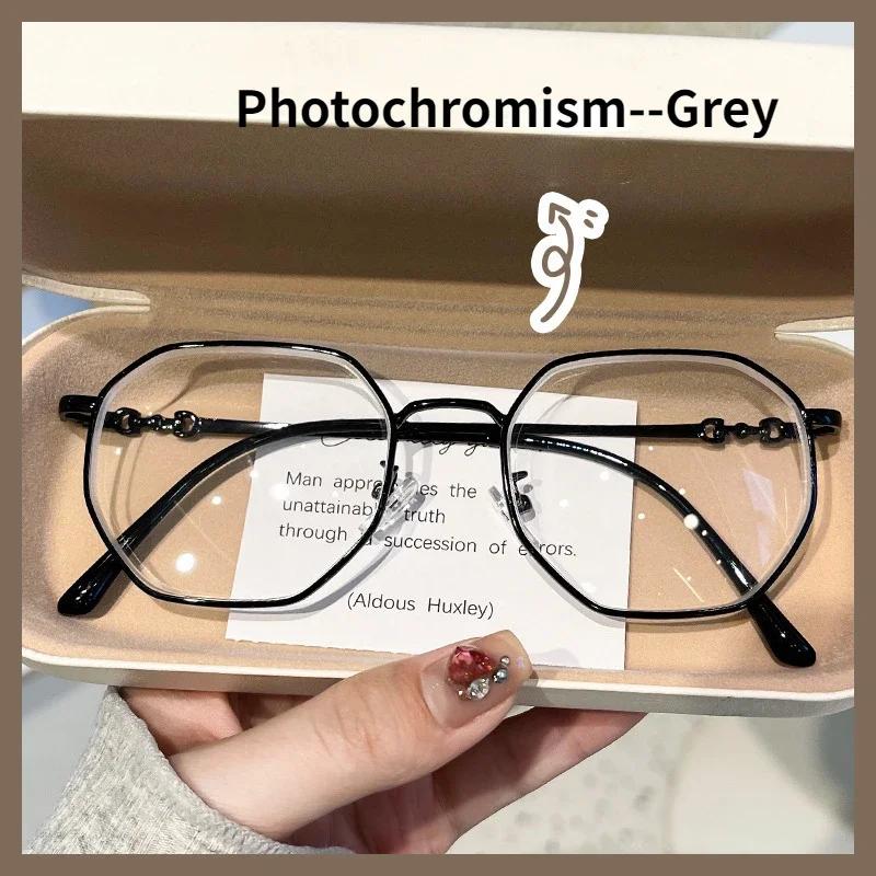 0~-400 Myopia Glasses  Photochromic Blue Light Resistant Glasses Girls' Large Frame Anti Fatigue Myopia Finished Product