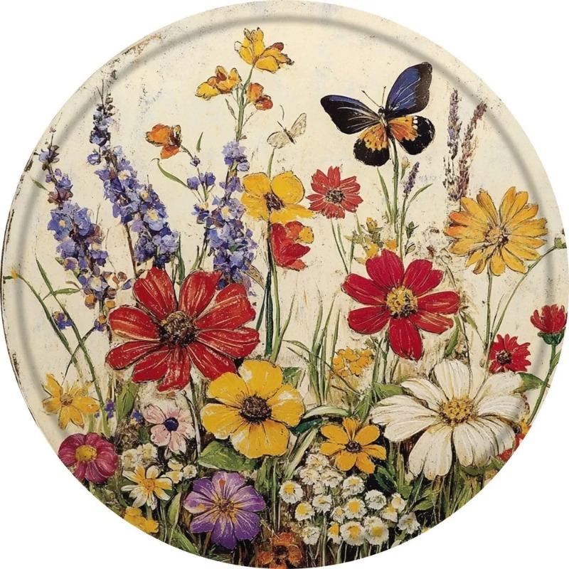 Retro Wild Flowers Butterfly Tin Sign 20x20cm, Rustic Aluminum Wall Art
