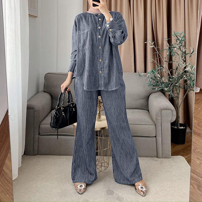 

ZANZEA Женская блузка с длинным рукавом и брюки повседневный комплект из двух частей 5XL тёмно-синий