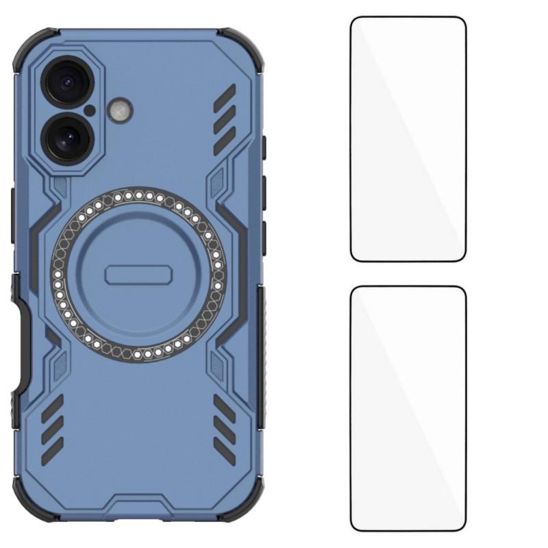 

For iPhone 16 Magnetic Case WANLONFENG DJ Series PC TPU Phone Cover with 2Pcs Tempered Glass Film Blue