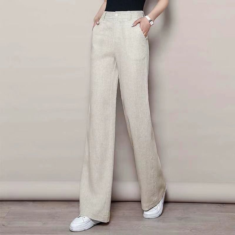 Linen Women's Summer Thin Wide Leg Pants Cotton Linen Floor Length Pants High Waist Drape Plus Size Loose Casual Pants