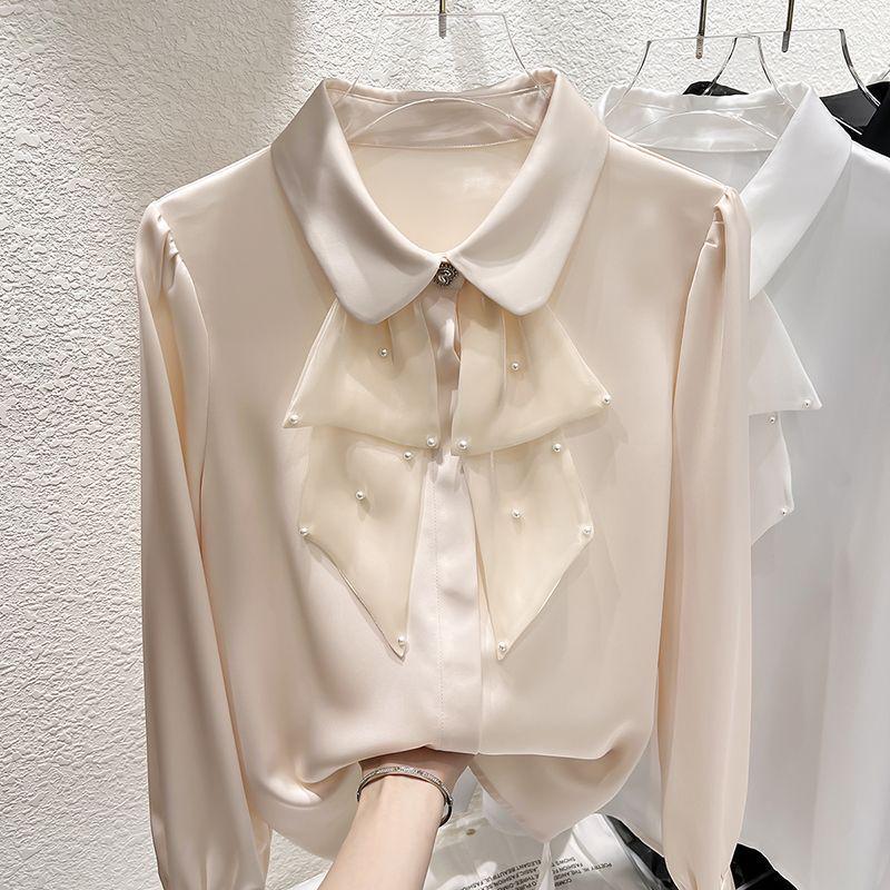 2024 Koreanischer Stil Rüschen Perlenbesetztes Revers Langarm Chiffon Top für Damen