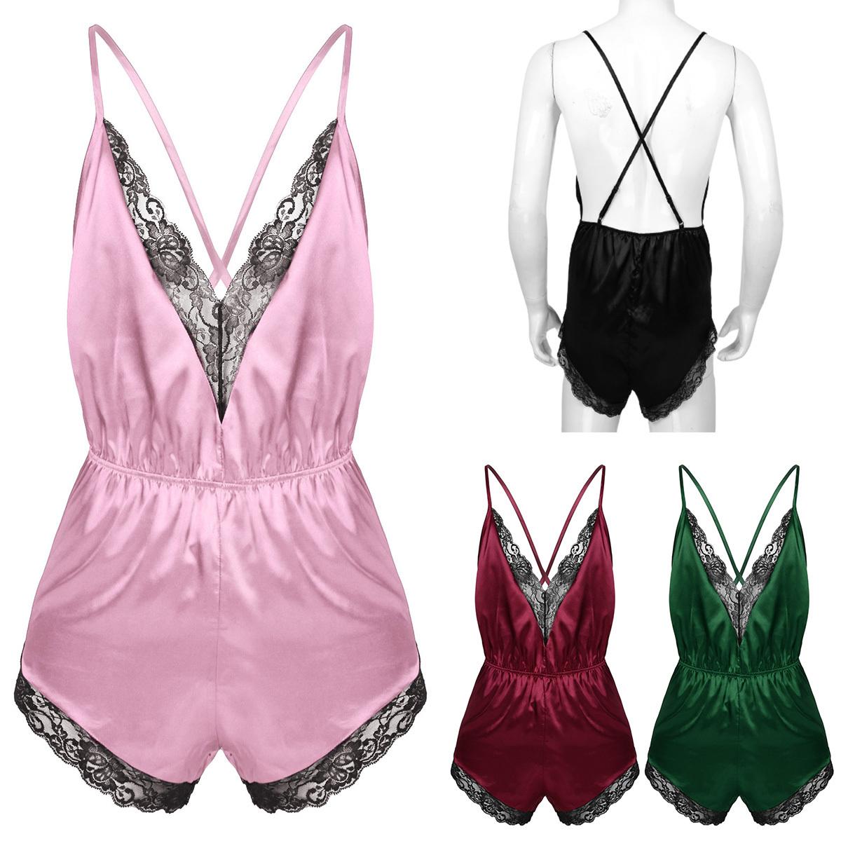 Pigiama intero da uomo Sissy Body in raso con rifiniture in pizzo Tuta da notte Pigiama da notte M borgogna