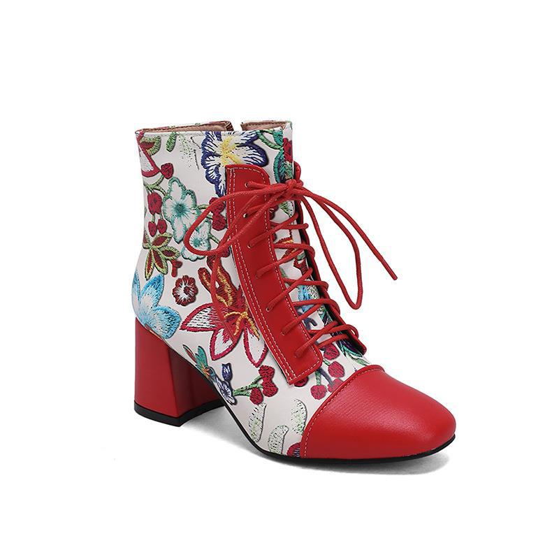 

Women sBoots Ankle European and American Women s Leather Boots 6.5CM Round Toe Colorful Patternsfront Lace Up Boots Women Shoes 50 червоний