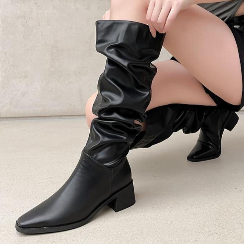

Модные женские туфли на высоком каблуке с острым носком, длинные сапоги 2025 зима, новые плиссированные удобные туфли, элегантные модные туфли-лодочки, классические сапоги до колена Mujer 40 чёрный