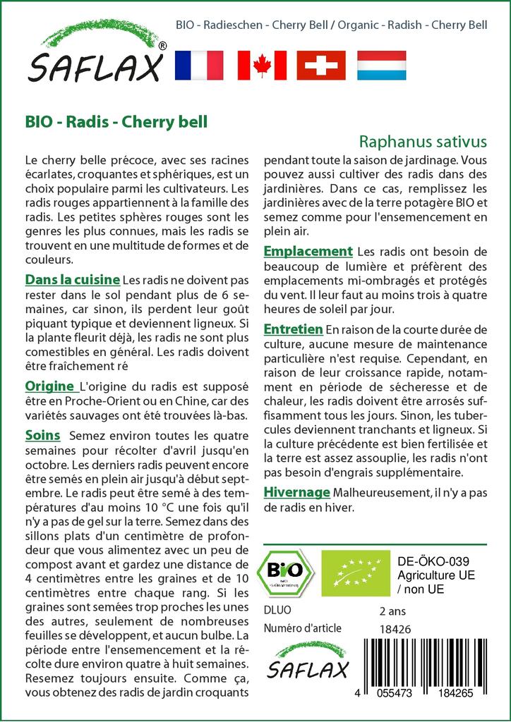 SAFLAX Garden In the Bag - Organic - Radish - Cherry Bell - 100 Seeds - With Substrate In a Fitting Stand Up Bag - Raphanus Sativus