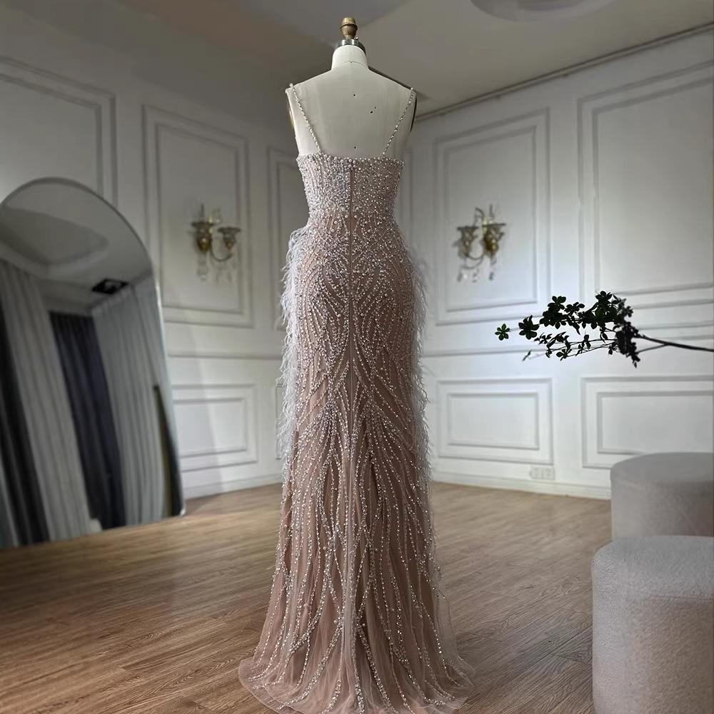 SERENE HILL white nude light luxury elegant suspender beads fishtail host banquet evening dress LA11811
