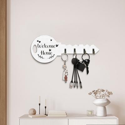 Mounted Key Holder Wooden Key Organizer Rack Shaped Key with 4 Hooks Rustic Key Hanger