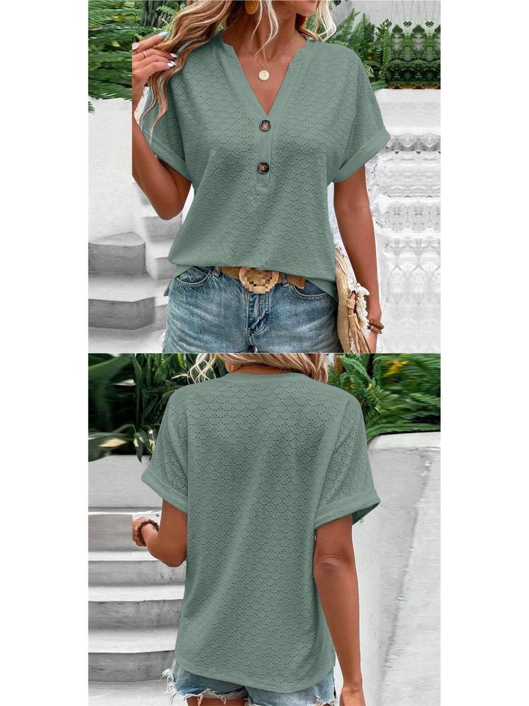 Spring/Summer 2026 Women's Casual V-Neck Button T-Shirt - Sweet Short Sleeve, Solid Color