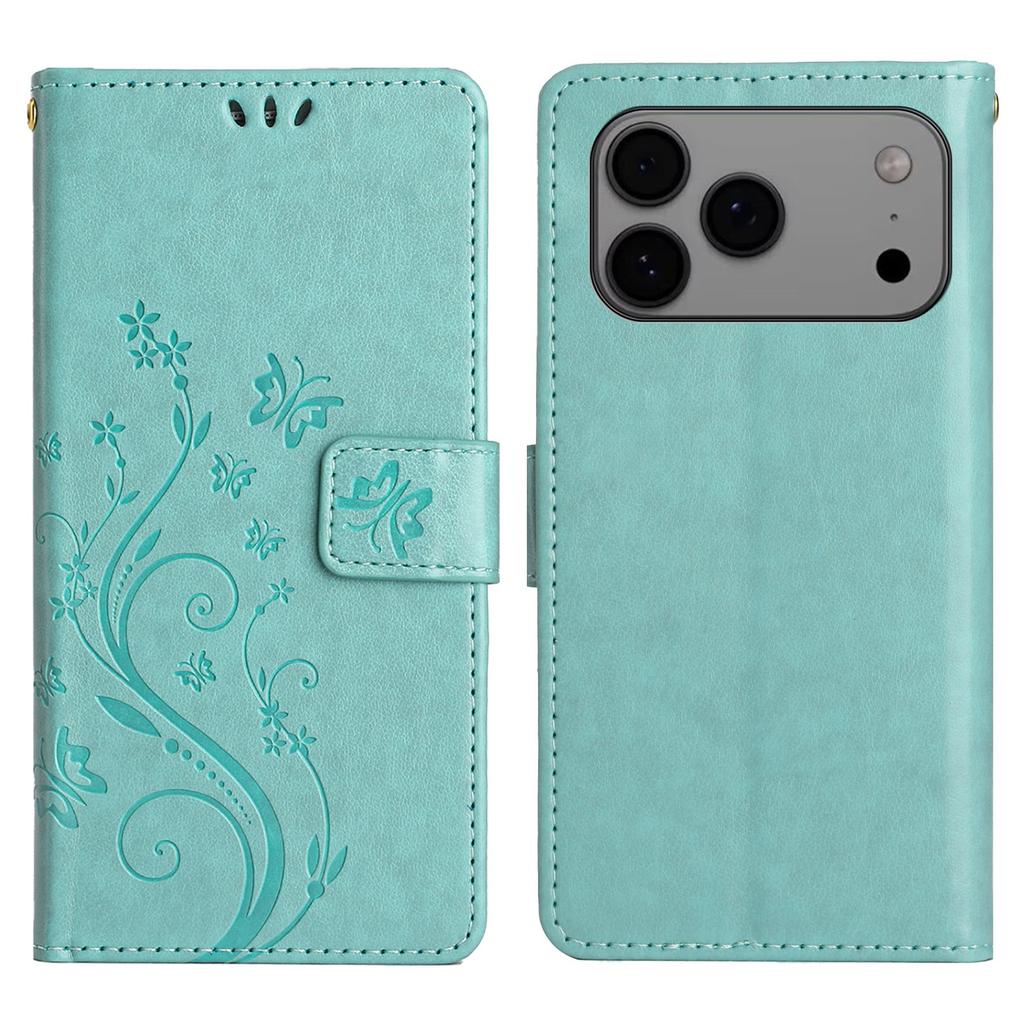 For iPhone 17 Pro Max Leather Wallet Case Butterfly Flower Imprinted Phone Cover with Strap