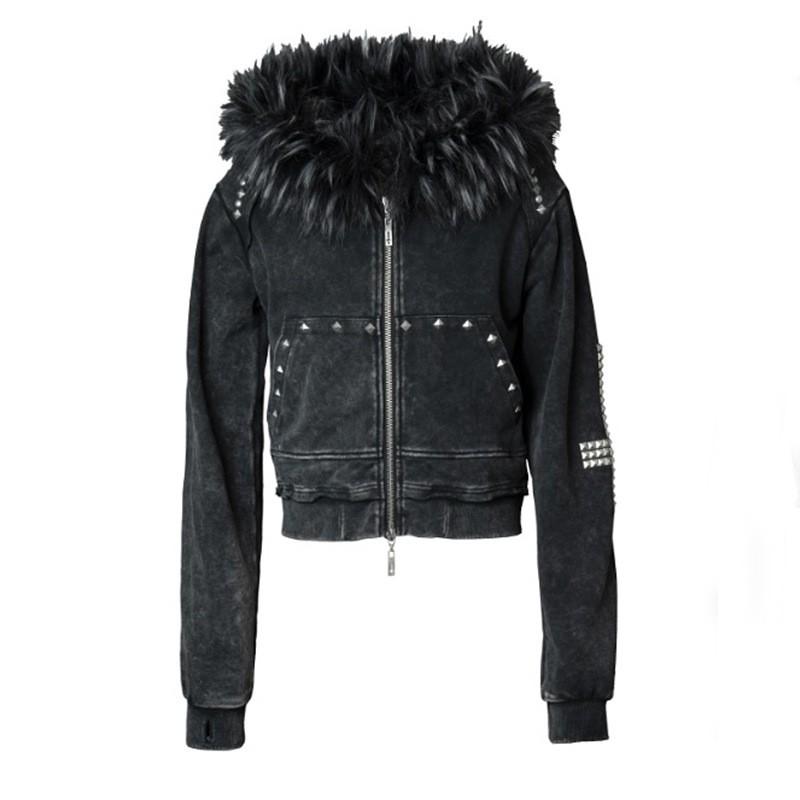 Felpa Vintage Lavata Stile Gotico Y2K con Bordino in Eco-Pelliccia con Zip Streetwear Donna Autunno Inverno