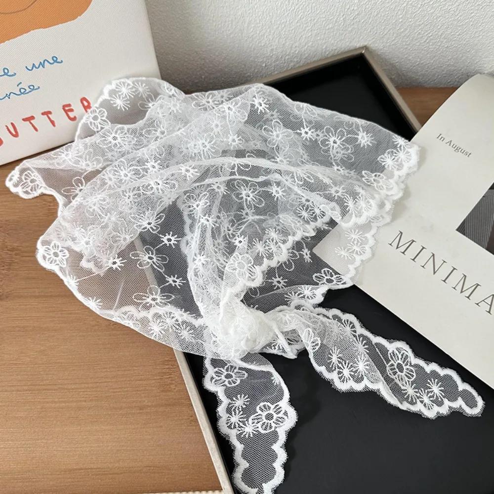 White Woven Floral Lace Hair Scarf Wraps Women Retro Breathable Retro Lace Hair Accessories Sweet Print Hair Bandana