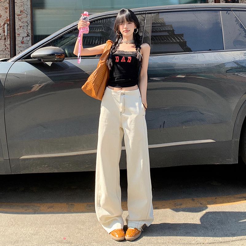 

Muxin Women s High-Waisted Wide-Leg Off-White Jeans with Split Design L