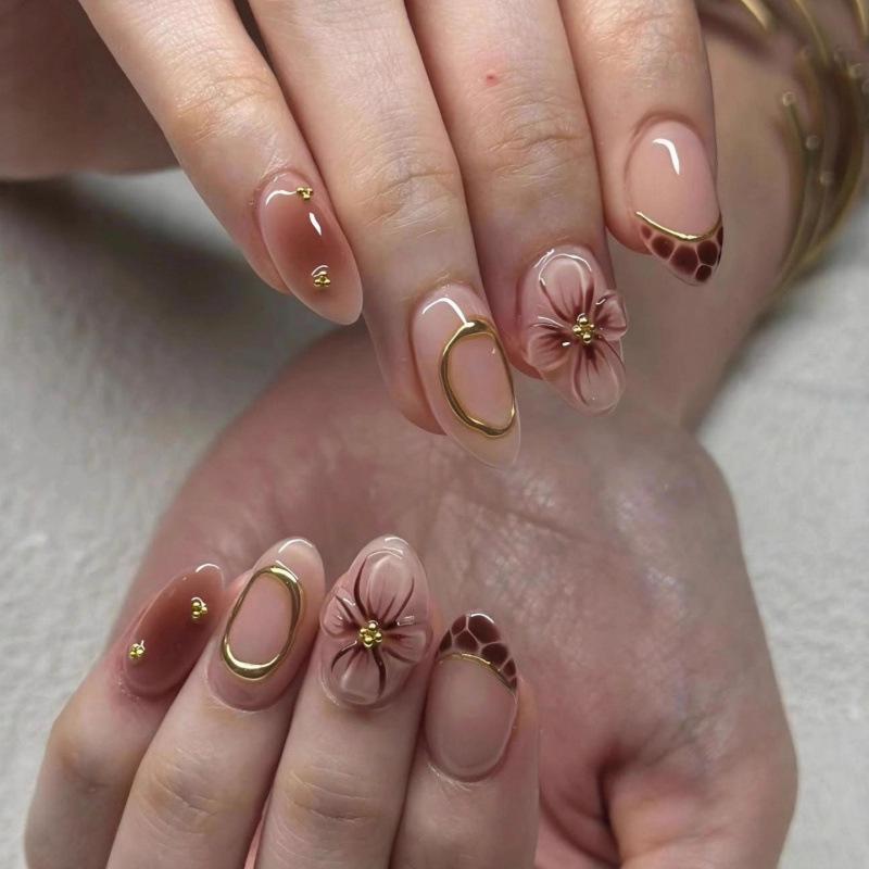 30-Piece Gold Foil Almond Nail Tips: 3D Flowers & Leopard Print French Design, Ready to Wear