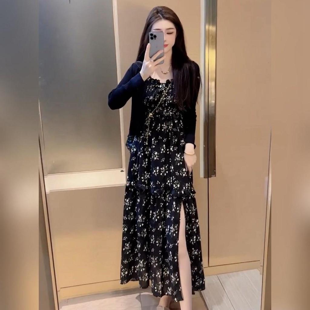 Trendy Women's Summer Cardigan Set: Slimming Sun Protection, Floral Camisole Dress & Slit Long Skirt