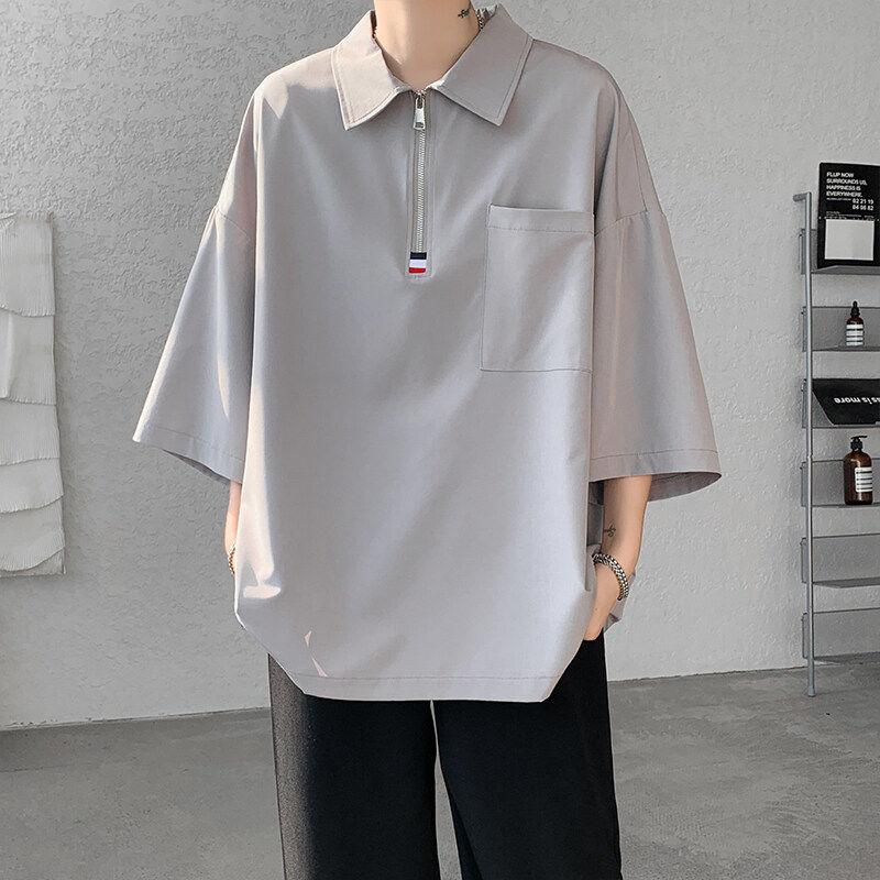 Summer Polo-Neck Loose T-shirts Fashion Zipper Men's Clothing Pockets Spliced Casual Basic Solid Color Half Sleeve Polo Shirts