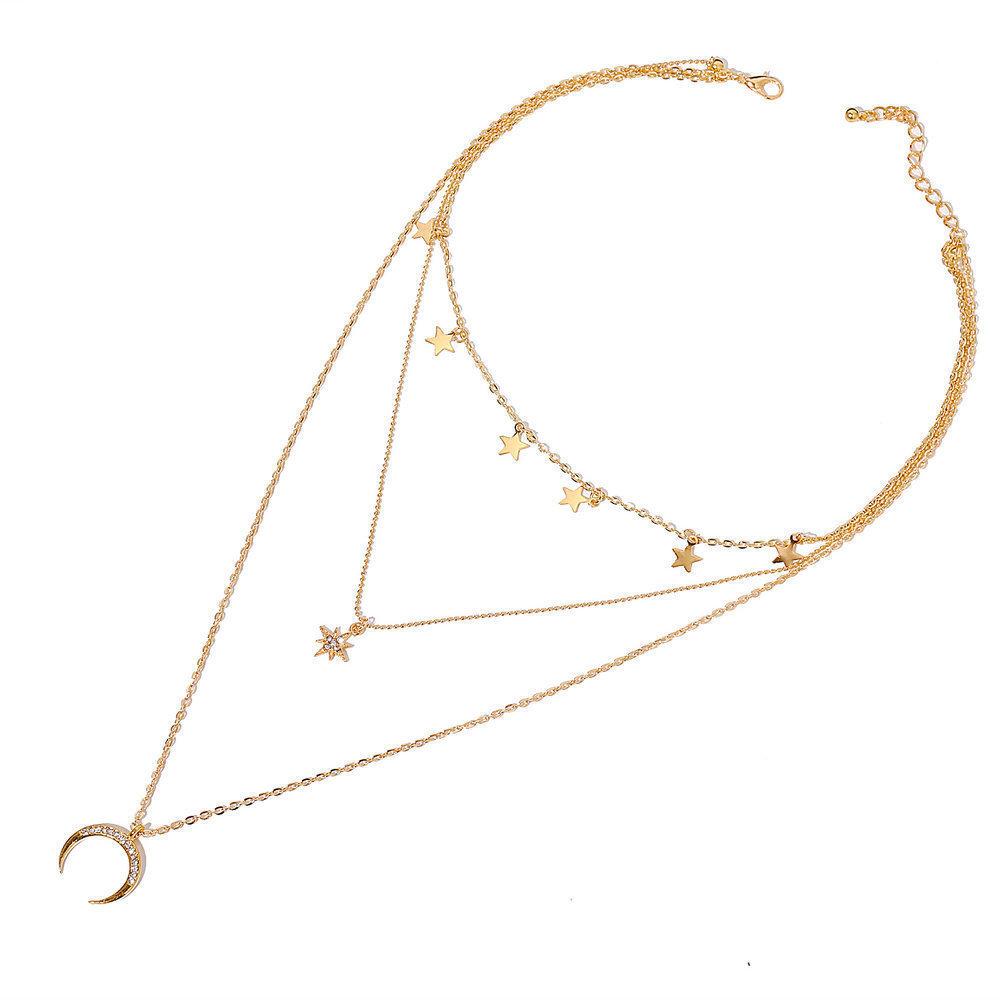 C148 Fashion Trend New Street Style Five-Pointed Star Full Diamond Moon Pendant Women's Multi-Layer Necklace