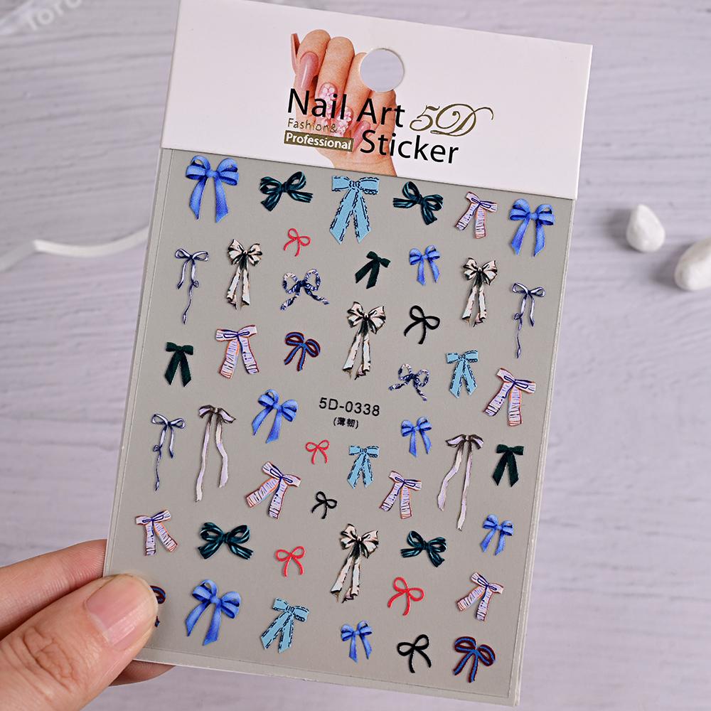 1PC 5D Embossed White Lace Bow Nail Art Stickers Cute Pink White Ribbon Bow Tie Nail Sliders Kawaii Bow Manicure Accessories TY9