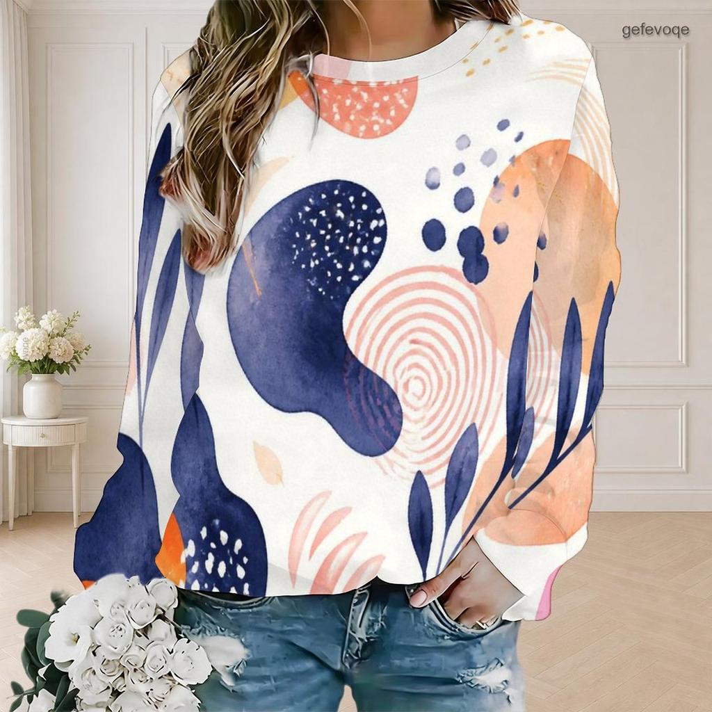 Women Plus Size Round Neck Long Sleeve Abstract Printed Ribbed Cuffs Pullover Sweatshirt