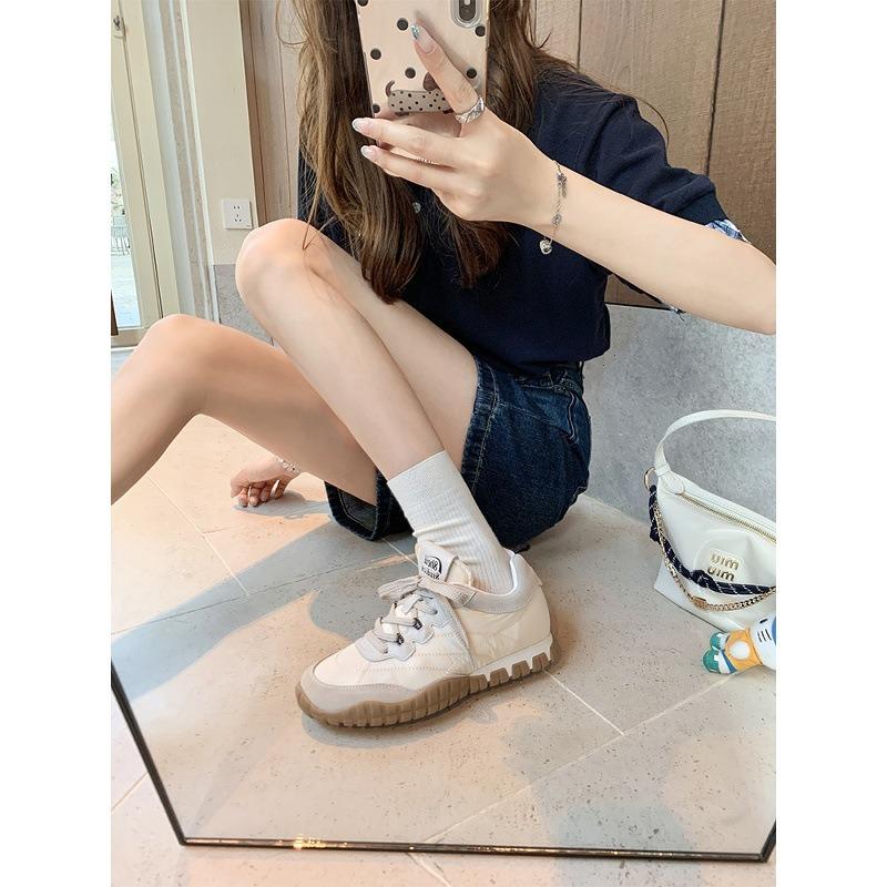 Cowhide~ 5cm inner height increase thick sole leather casual sports shoes women's versatile