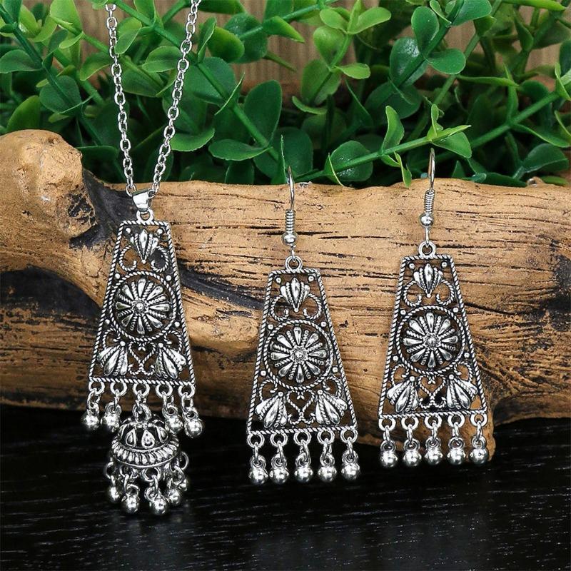 GemChic Women's New Classical Ethnic Alloy Hollow Bell Tassel Pendant Necklace Earrings Two Piece Set Birthday Christmas Jewelry Gift