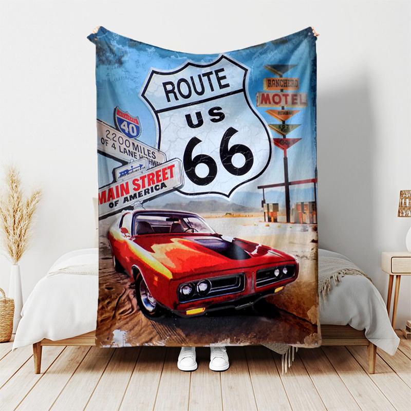 1pc Blanket U.S. Route 66(0) Print Design, Lightweight Blanket for Sofa, Bed- Soft &Warm, Gift for All Seasons like Christmas, Halloween
