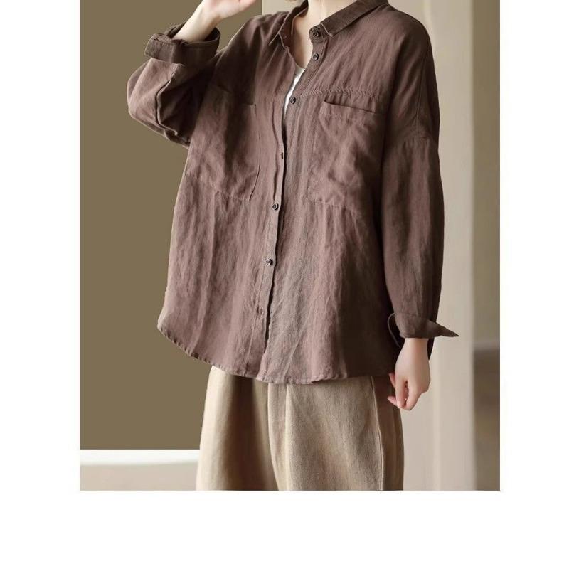 Chemise Polo Manches Longues Vintage en Coton et Lin pour Femme Blouse Décontractée