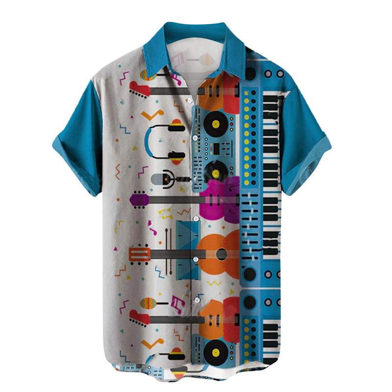 Shirts For Men Music Guitar3d Print Rock Hip Hop Tops Male Clothing Short Sleeve V-Neck Beach Shirts