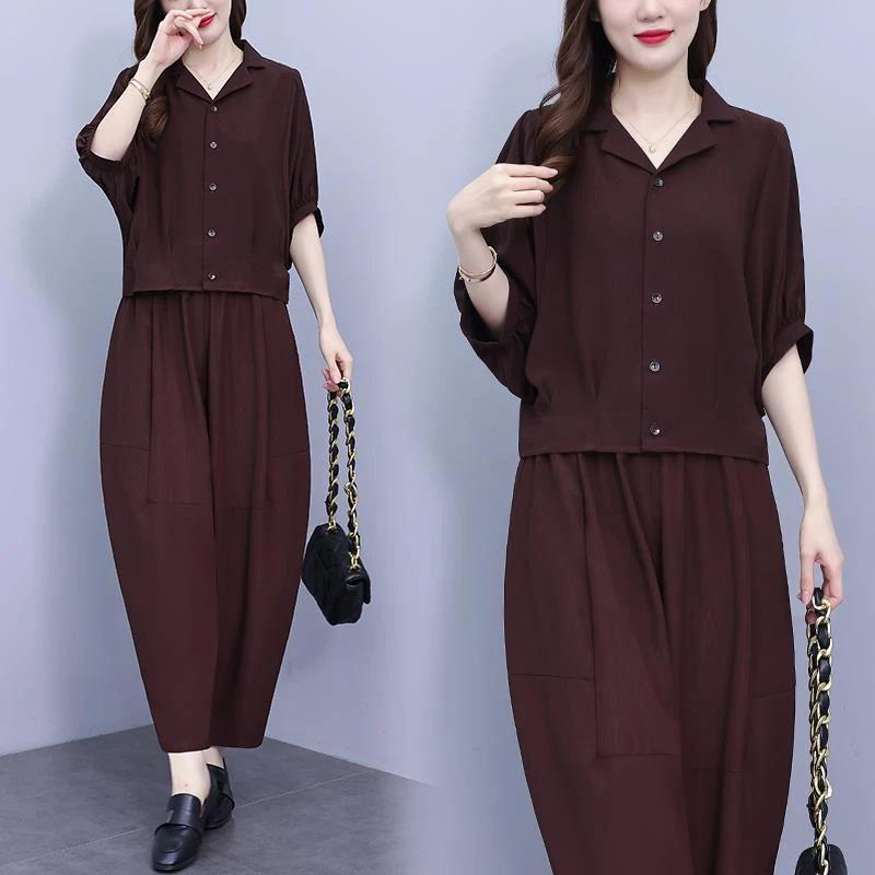 Luxury Ice Silk Women's Summer Fashion T-Shirt & Loose Two-Piece Set - Age-Defying, Belly-Covering, Solid Color