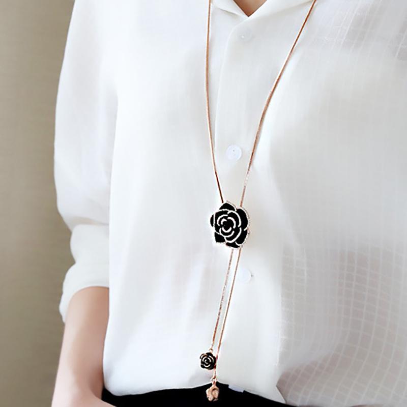 Black Rose Flower Long Necklace Sweater Chain Metal  Pendant Necklaces Adjusted