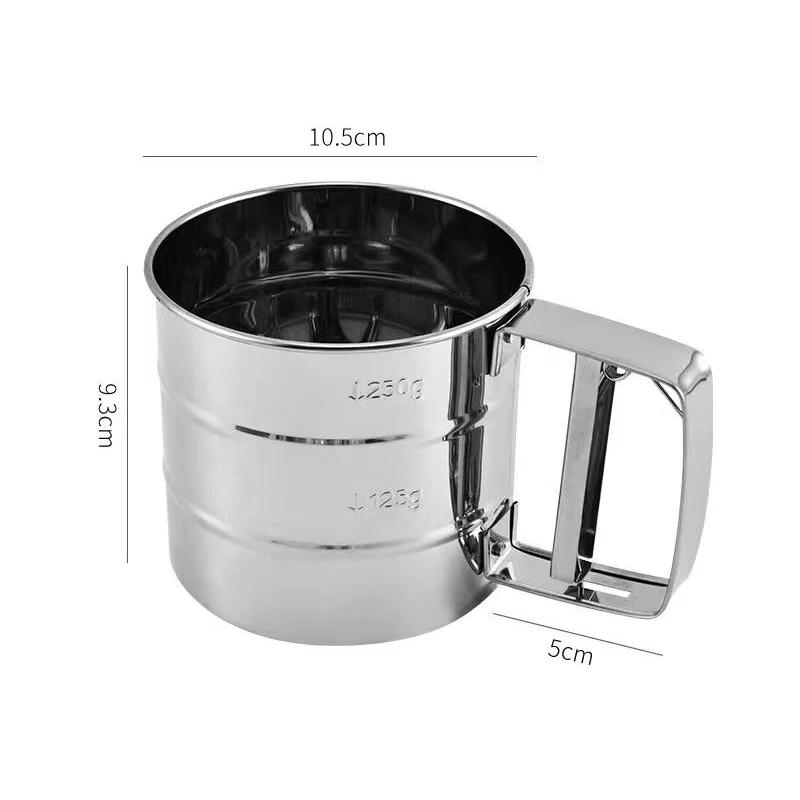 Stainless Steel Flour Sifter Cup Manual Shaker Sieve Cup For Baking Coffee One Hand Press Flour Sifter With Scale Cake Tool