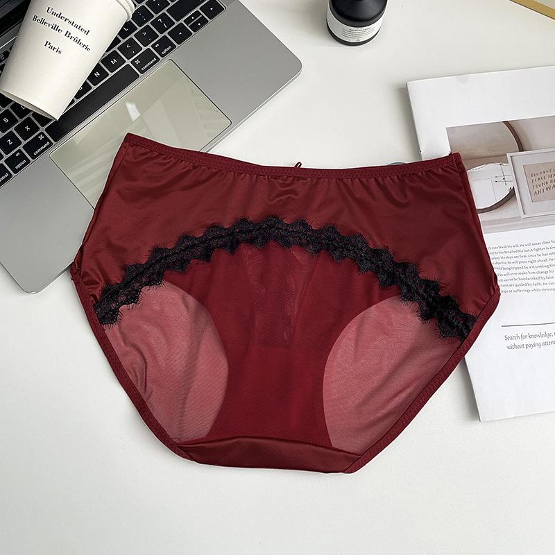 

Ladies Summer Light Luxury Satin Sexy Lace See-through Mesh Wrap Hip Briefs L вино красного