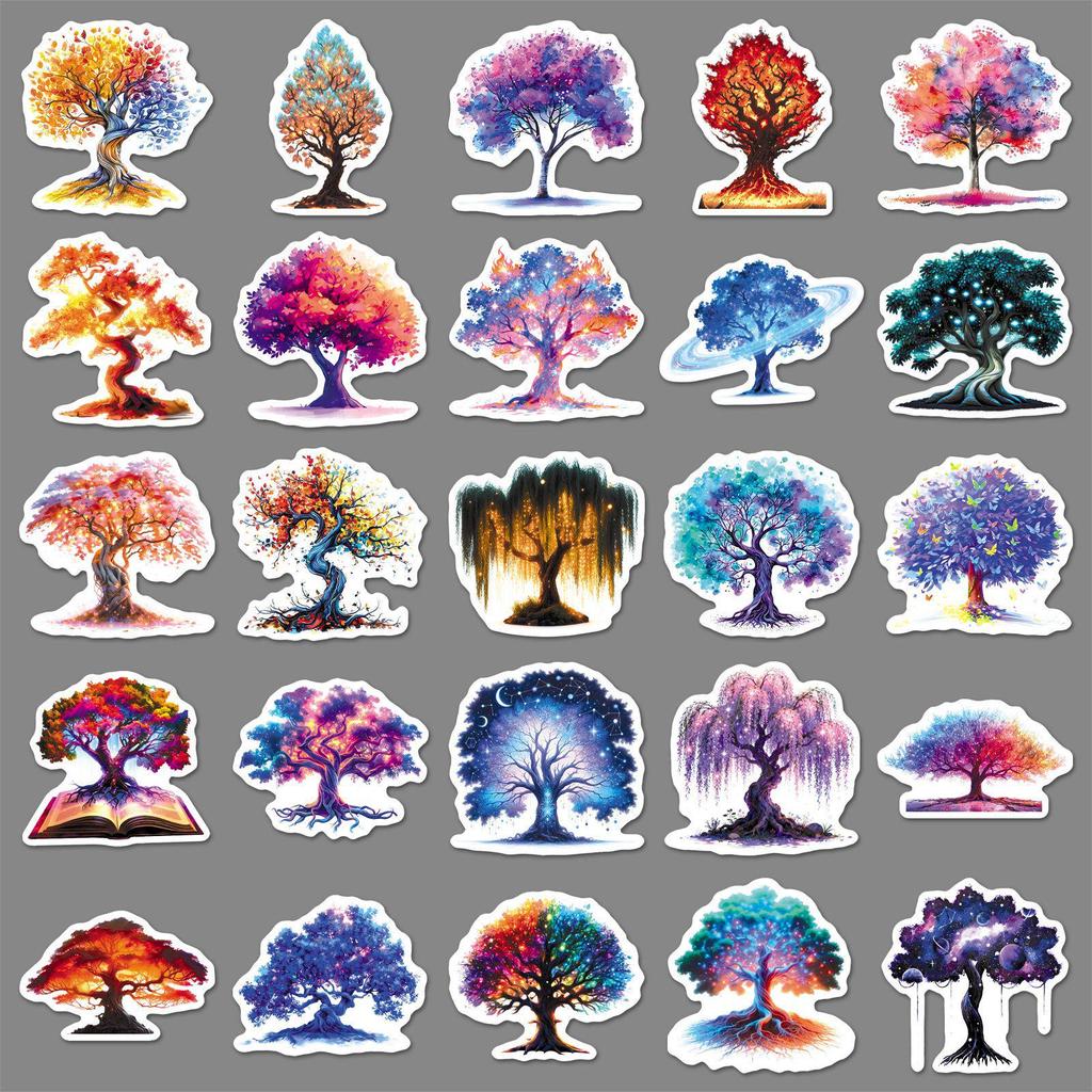50 PCS Luminous Tree of Life Stickers: Colorful Cartoon Decor for Journals, Water Bottles, Storage Boxes & Stationery