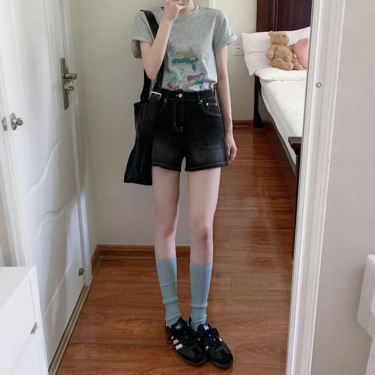 Women s High Waist Black-Gray Denim Shorts - Plus Size, Slim Fit, A-Line, Elastic, Summer Style. S