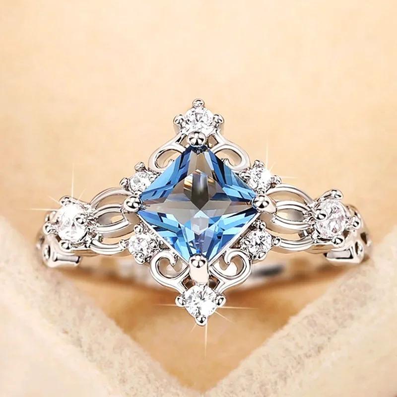 Bridal Wedding Love Water Drop Shining Design French Romantic Horse Eye Blue Zircon Ring Trendy Elegant Jewelry
